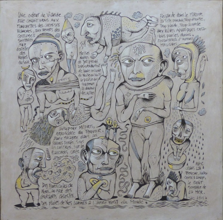 Le plaisir des uns , la douleur des autres encre et acrylique sur bois  100x100  72 2016